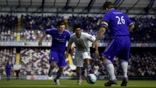 Screenshot from FIFA 08 showing in-game football action.