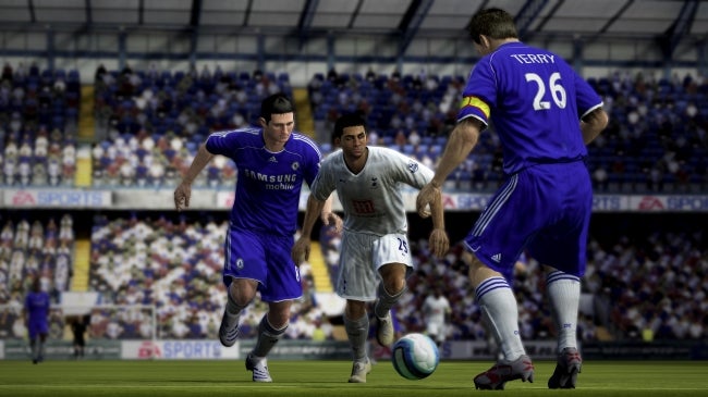 Screenshot from FIFA 08 showing in-game football action.