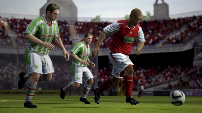 Screenshot from FIFA 08 showing players in a football match.