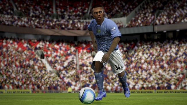 FIFA 08 gameplay screenshot with a football player dribbling.