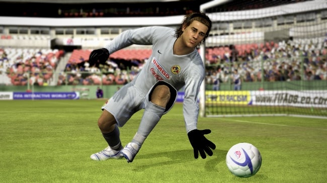 Screenshot of a goalkeeper from FIFA 08 video game.