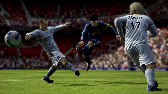 Screenshot of FIFA 08 gameplay with players competing for the ball.