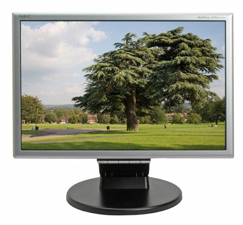 NEC Multisync LCD205WXM monitor displaying a landscape image.