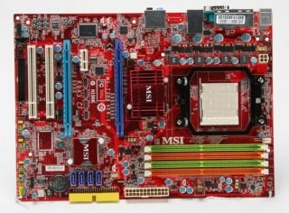 MSI K9A3 CF motherboard with sockets and ports visible.