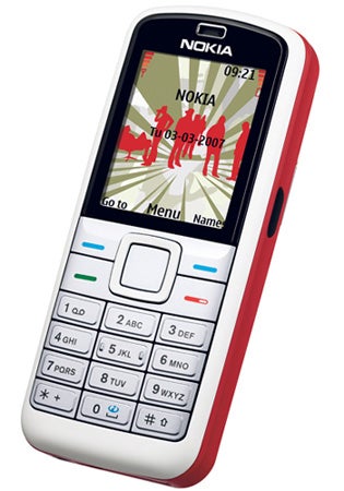 Nokia 5070 mobile phone with red accents and date display.