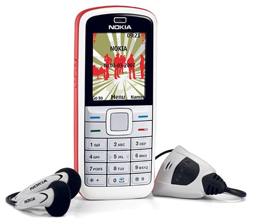 Nokia 5070 mobile phone with earphones.