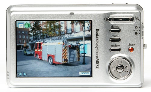 Kodak EasyShare M873 digital camera displaying a fire truck photo.