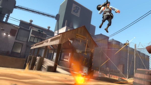 Screenshot from Team Fortress 2 with a jumping soldier character.