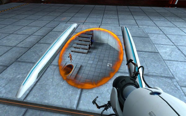 Screenshot of Portal game showing portal gun and created portal.