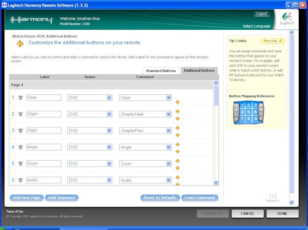 Screenshot of Logitech Harmony 1000 remote software configuration