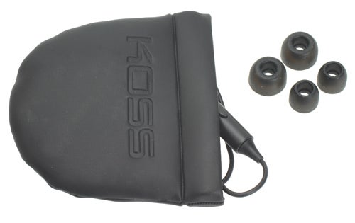 Koss KEB79 earphones with case and additional earbuds.