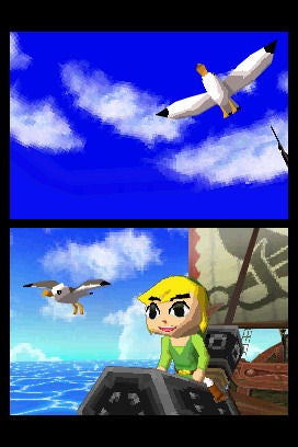 Screenshot of Link sailing with seagulls from The Phantom Hourglass.