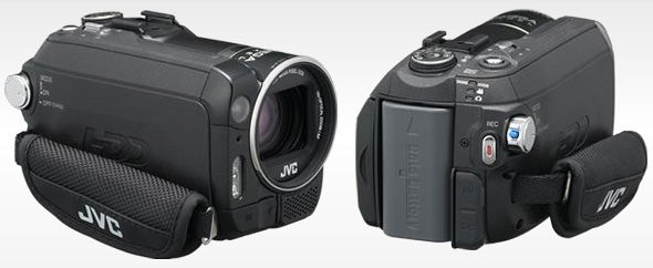 JVC Everio GZ-MG575EK camcorder from front and side views.
