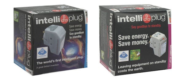 OneClick IntelliPlug packaging highlighting energy and cost savings benefits.