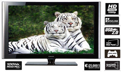 Samsung 46-inch LCD TV displaying white tigers on screen.