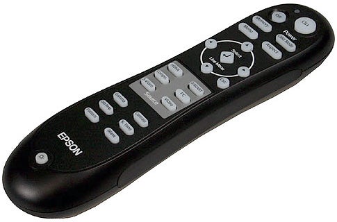 Epson EMP-TW1000 projector remote control on white background.