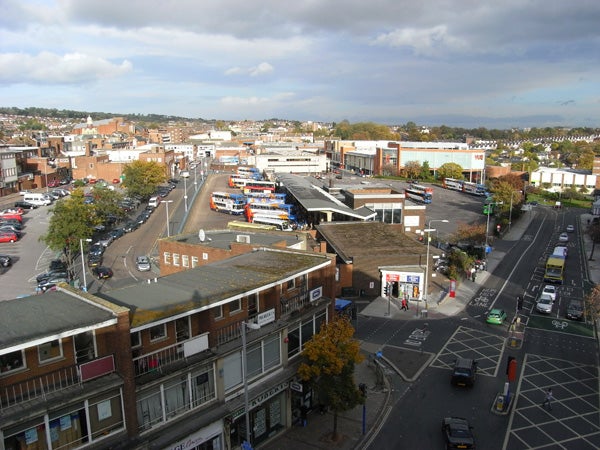 Aerial view of a town's streets and buildings from Ricoh camera.
