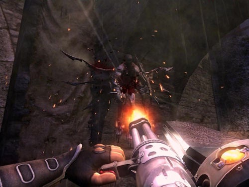 First-person gameplay scene from Clive Barker's Jericho video game.