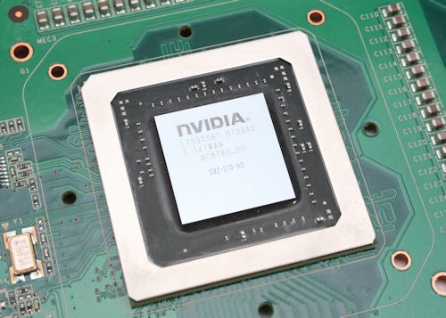 Close-up of NVIDIA GeForce 8800 GT graphics card chip.