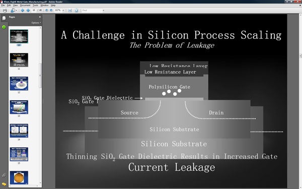 Slide presentation on silicon process scaling challenges.