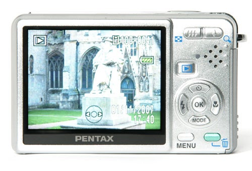 Pentax Optio S10 digital camera displaying a photo onscreen.