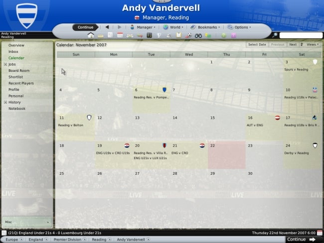 Football Manager 2008 game screenshot showing manager's calendar.