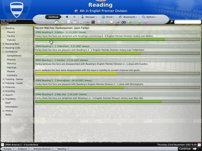 Screenshot of Football Manager 2008 game showing Reading FC match results.