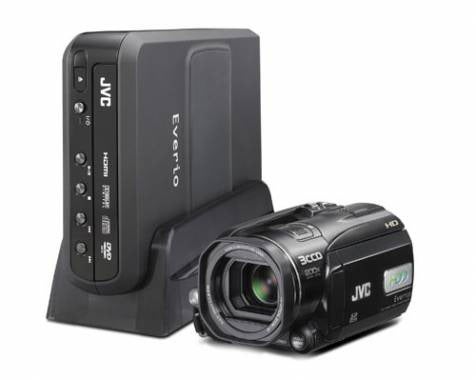 JVC Everio GZ-HD3EK HD Camcorder with battery and dock.