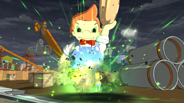 Screenshot of The Simpsons Game with character and explosions.