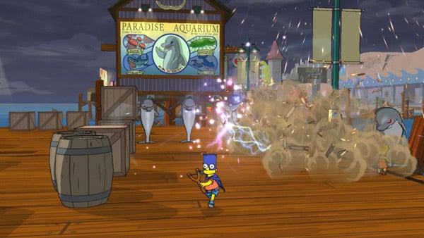 Bart Simpson character in a video game scene at a pier.