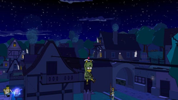 Screenshot of The Simpsons Game night level gameplay.
