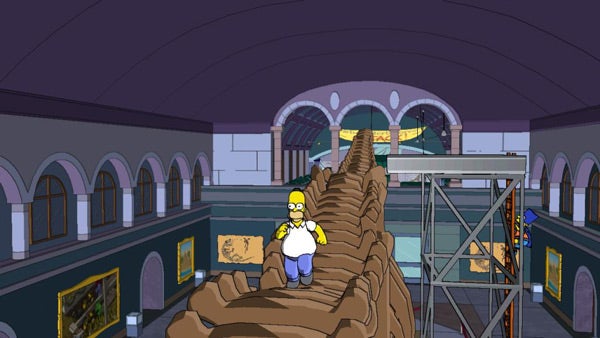 Homer Simpson standing on a giant museum artifact in-game.