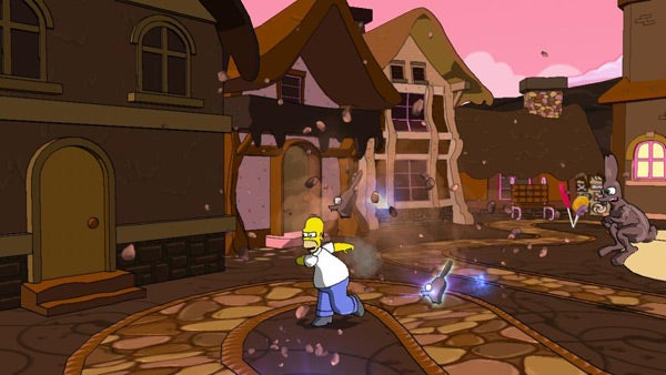 Screenshot from The Simpsons Game featuring Homer in combat.