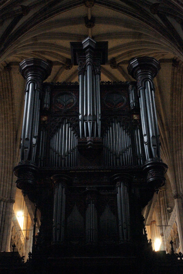 Low-light photo of an ornate pipe organ in a cathedral