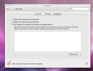 Screenshot of Mac OS X Leopard Firewall settings window.