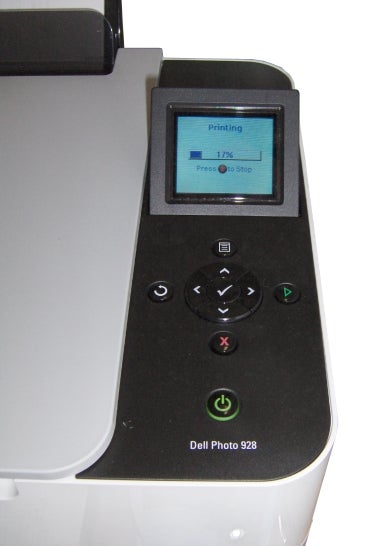 Dell Photo 928 printer control panel with status screen.