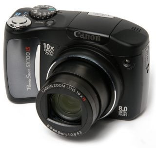 Canon PowerShot SX100 IS digital camera on a white background.