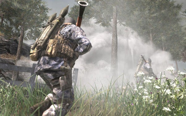 Soldiers in a smoky battlefield scene from Call of Duty 4.