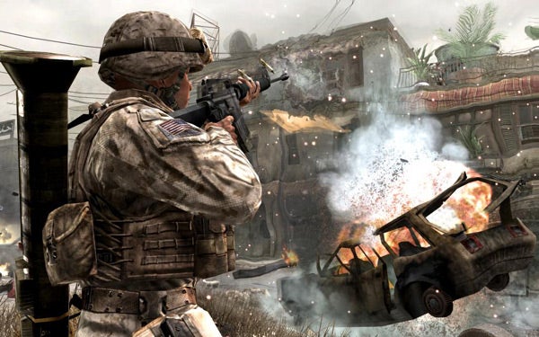 Soldier shooting in Call of Duty 4: Modern Warfare game scene.