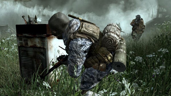Soldiers in combat from Call of Duty 4 game scene.