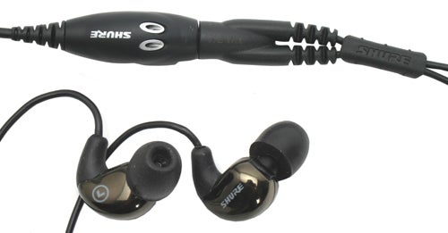 Shure earphones with mobile phone adapter cable.