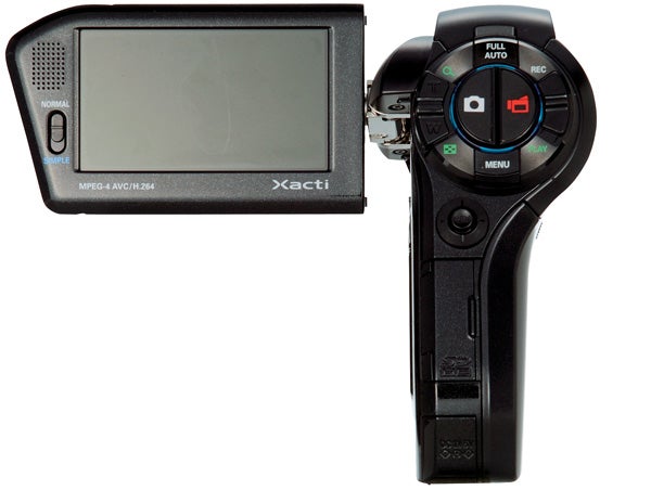 Sanyo Xacti VPC-HD1000 camcorder with screen open.