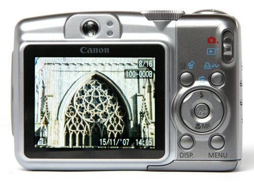 Canon PowerShot A720 IS camera displaying a cathedral photo.