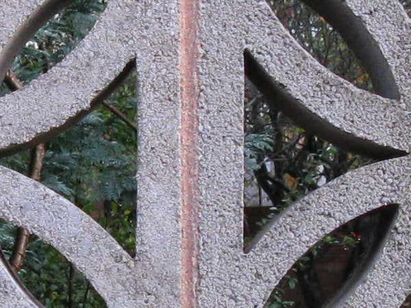 Close-up photo of a textured metal pattern with foliage background.