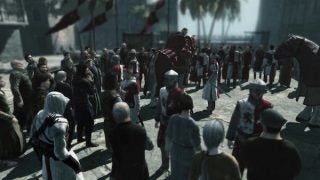 Screenshot from Assassin's Creed with crowd and main character.