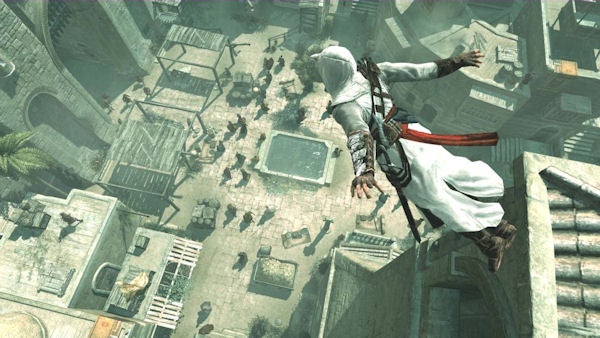 Assassin's Creed character performing a leap of faith.