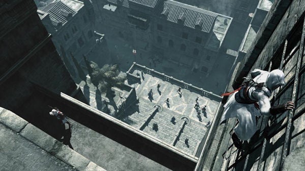 Assassin's Creed game screenshot with character overlooking a city.