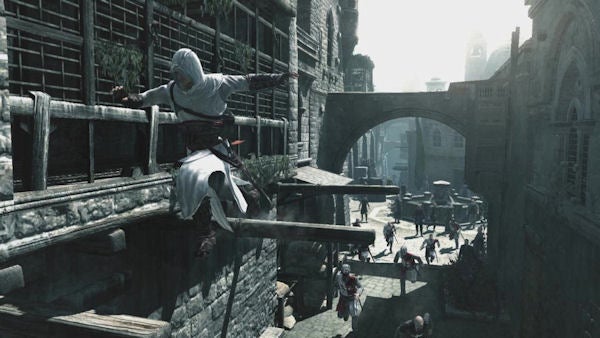 Assassin's Creed character performing leap of faith in game scene.