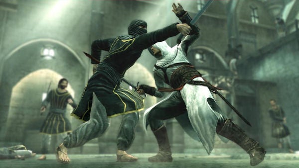Assassin's Creed video game combat scene with two characters.