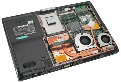 Internal components of Rock Xtreme 770 laptop with open back panel.